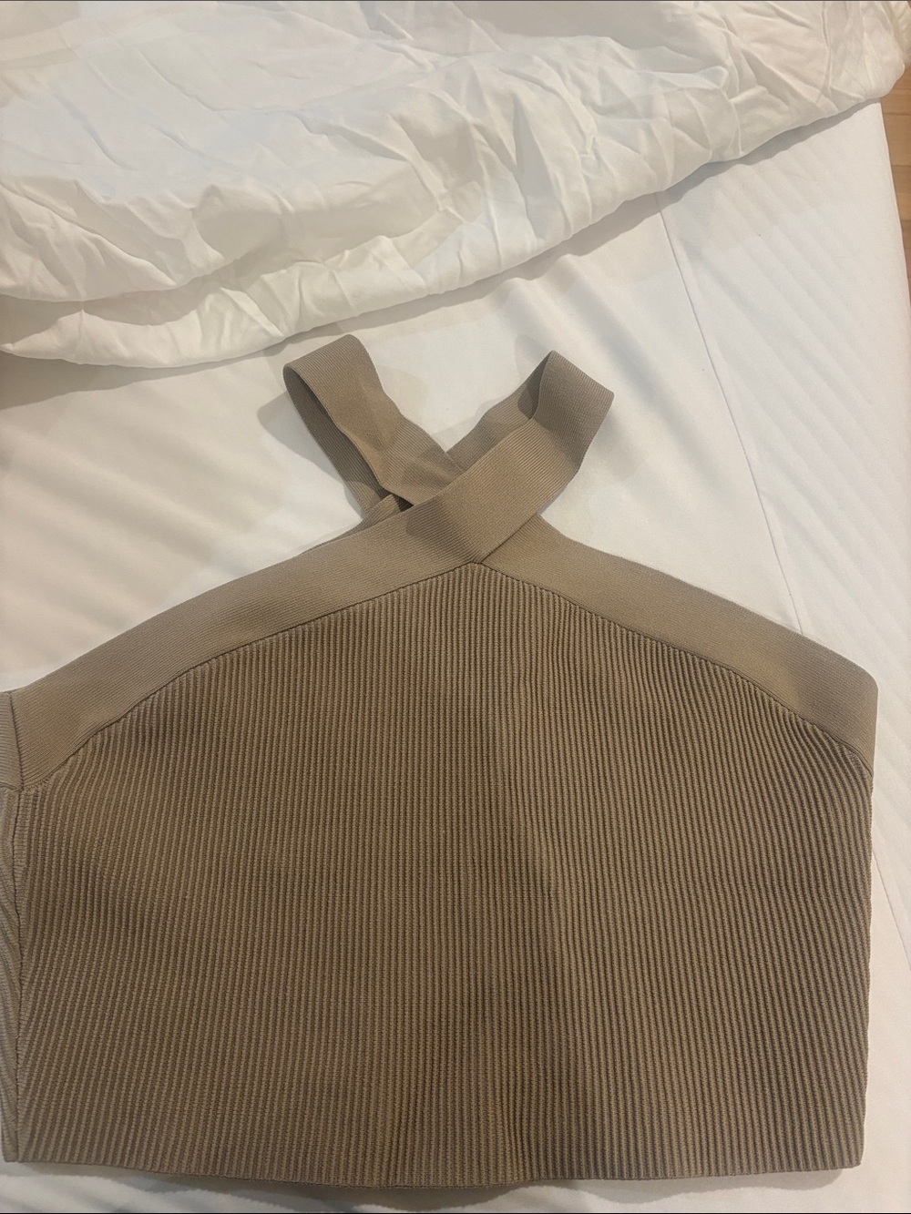 Aritzia BABATON Ribbed Cross-Strap Crop Top in Taupe